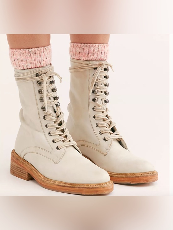 Free People Shoes - Free People Santa Fe Distressed Leather Lace-Up Boots in Ivory 37